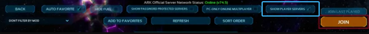 ARK Survival Ascended server browser filter showing Show Player Servers option