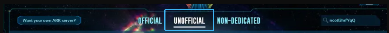 ARK Survival Ascended server browser tabs highlighting UNOFFICIAL