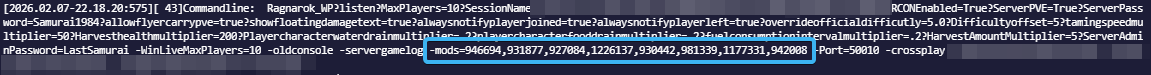 ARK Survival Ascended server startup command showing -mods= with comma-separated IDs
