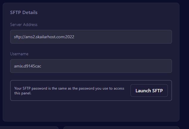 SkailarHost panel showing SFTP Details (server address, port, username)