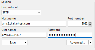 WinSCP panel showing SFTP Details (server address, port, username)